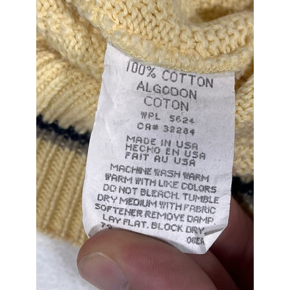 Vtg Carmel Cotton Knit Sweater Cream Yellow Blue Trim Golfer Made in USA L Golf - Picture 7 of 11